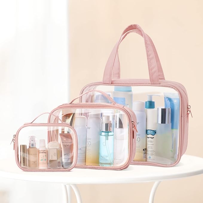 PACKISM Clear Makeup Bag Travel - TSA Approved Toiletry Bag, 3 Pack Pink