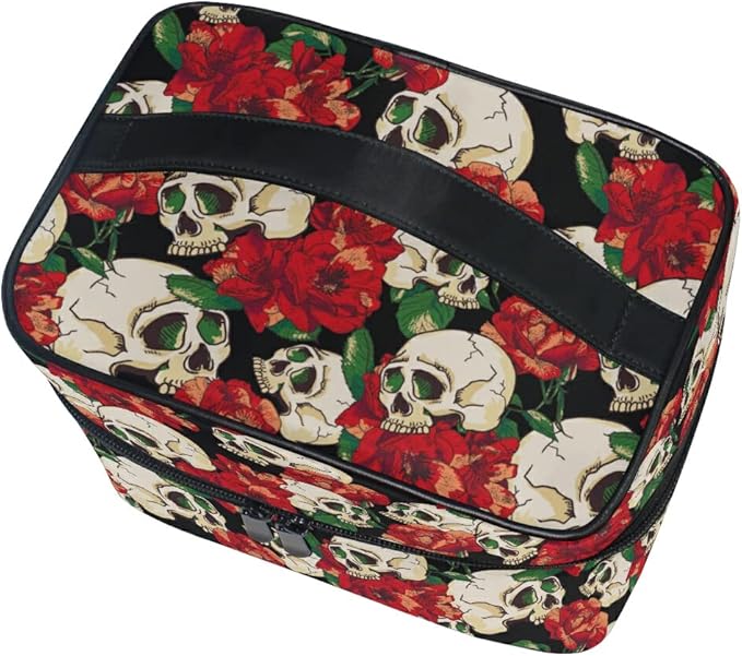 MNSRUU Skull Goth Makeup Bag, Gothic Skull and Flower Travel Makeup Organizer Bags Toiletry Bag Box Travel Cosmetic Bag Make Up Train Case for Women Teen Girl Ladies