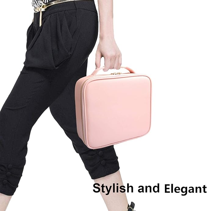 Bvser Travel Makeup Case, PU Leather Portable Organizer Makeup Train Case Makeup Bag Cosmetic Case with Adjustable Dividers for Cosmetics Makeup Brushes Women (Pink)
