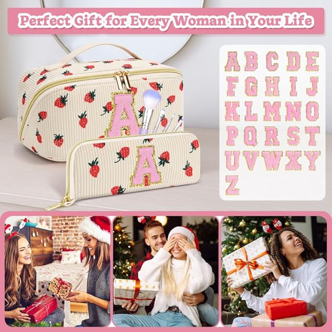Personalized Travel Makeup Bag Set,Initial Travel Strawberry Makeup Organizer Bag,Toiletry Skincare Cosmetic Bag,Christmas Gifts for Women/Girls,Open Flat Toiletry Pouch with Brush Pocket-O