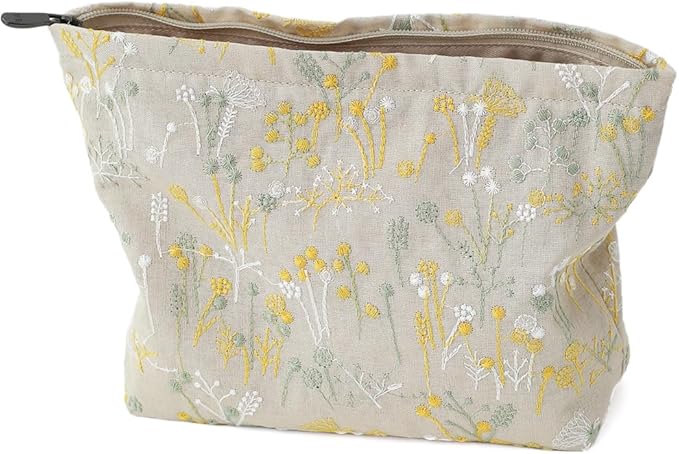 BBORGDC Floral Cotton Embroidered Makeup Bag - Large Capacity Cosmetic Pouch for Travel, Makeup Organizer & Toiletry Bag with Zipper, Perfect for Daily Use & Gifts
