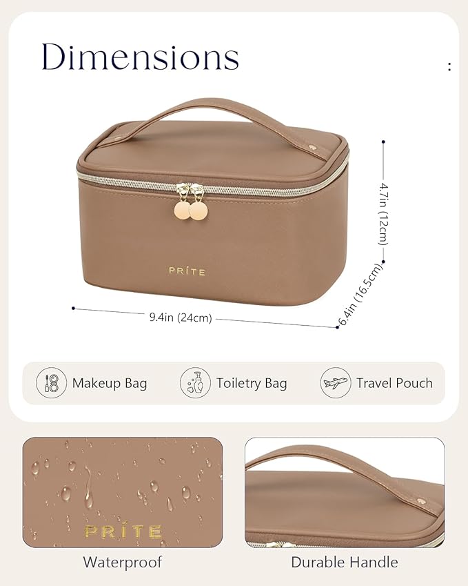 Prite Makeup Bag Travel Cosmetic Case, Women Toiletry bag Organizer, Brown