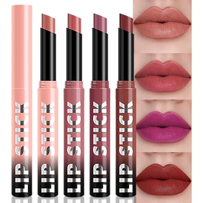 QIDSTERS 4Pcs Matte Lipstick Crayon Set for Women, Neutral Lip Stick Pencil 24 Hour Long Lasting Waterproof, Non-Drying Hydrating Formula Lip Gloss Makeup, Vegan & Cruelty-Free, 01