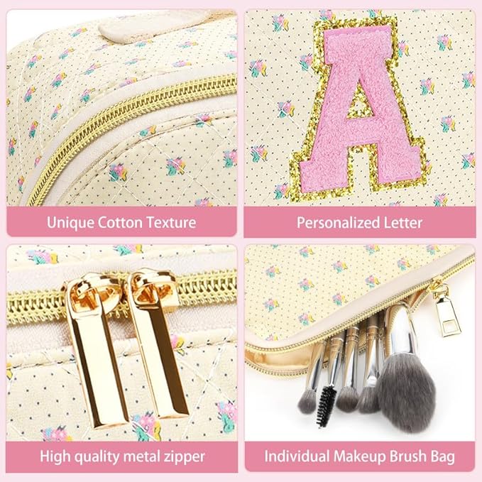 Personalized Travel Makeup Bag Set,Initial Travel Cute Floral Makeup Organizer Bag,Toiletry Skincare Cosmetic Bag,Christmas Gifts for Women/Girls,Open Flat Toiletry Pouch with Brush Pocket-V