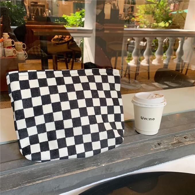 Flat Makeup Bag for Women,Zipper Cosmetic Pouch for Purse,Checkered Black
