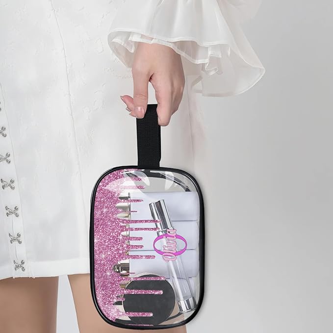 KFNHN Personalized Transparent Travel Cosmetic Bag Waterproof Makeup Bags, Custom Name Clear Organizer Case Toiletries Container Bag, Orchid Pink Water Fluid Shape Shiny Glitters