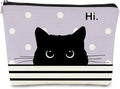BARPERY Cat Makeup Bag - Small Cute Cosmetic Bag for Women & Girls, Black & Purple Polka Dot Cat Lady Gifts
