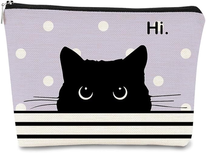 BARPERY Cat Makeup Bag - Small Cute Cosmetic Bag for Women & Girls, Black & Purple Polka Dot Cat Lady Gifts