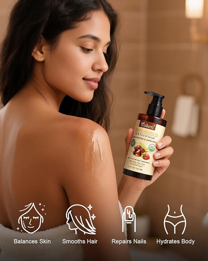 Yoken Organic Jojoba Oil 8oz, USDA Certified Pure for Hair, Skin Care
