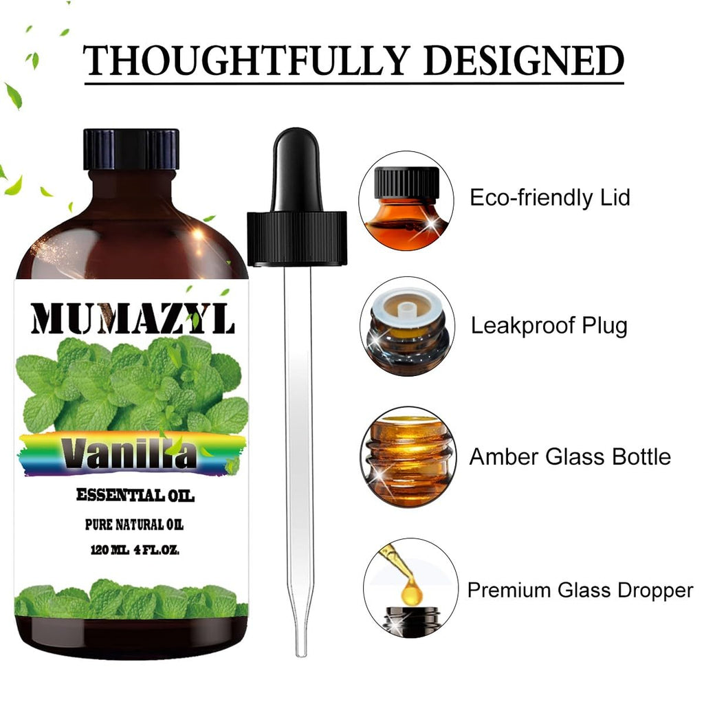 Vanilla Essential Oil, Vanilla Oil 4 Fl Oz 120ML for Diffuser Humidifier Yoga Cleaning DIY Candle Soap Making MUMAZYL Essential Oils
