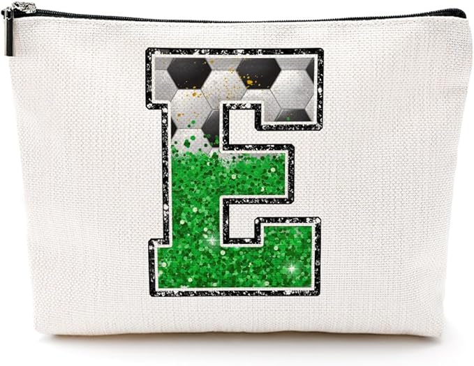 CQM Soccer Gifts Initial Makeup Bag Soccer Girl Gifts Cosmetic Bag Letter E