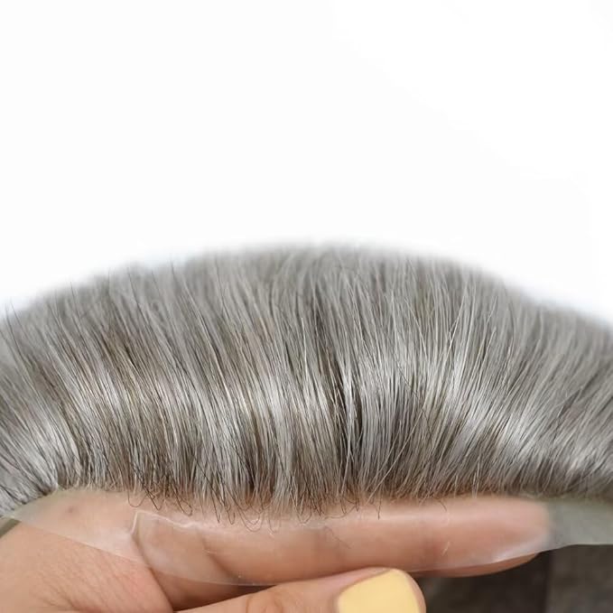 Mens Toupee Human Hair Piece French Lace Toupee for Man Hair System Indian Human Hair Replacement Systems V-Looped PU Front Hairpieces 6"X8" #580 5# MEDIUM LIGHT BROWN WITH 80% SYNTHETIC GREY