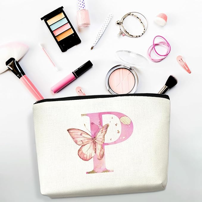 Initial Makeup Bag Pink Butterfly P Personalized Cosmetic Bag Monogrammed Gifts for Women Girls Bride Bridesmaid Monogram Zipper Pouch for Friendship Mothers Day Birthday Wedding Bridal Shower Gifts