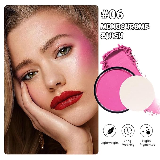 HHLTOH Natural Single Matte for Face Cheeks Blush with Makeup Powder Puff, Watermelon Pink Monochrome Blush Cream Powder Makeup Palette Blushes Long-lasting Blendable Foundation for Women Every Day 06