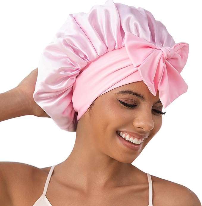 GDTOGRT Satin Silk Bonnet for Sleeping Women, Double Layer Sleep Hair Bonnets Caps for Curly Natural Hair with Tie Band - Pink Floral