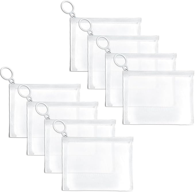 Fassave 8 Pack Mini Zipper Mesh Makeup Bags, Nylon Cosmetic Bags Toiletry Purse Travel Organizer Bags Inside Bag for Office Travel Organization (White, XS)