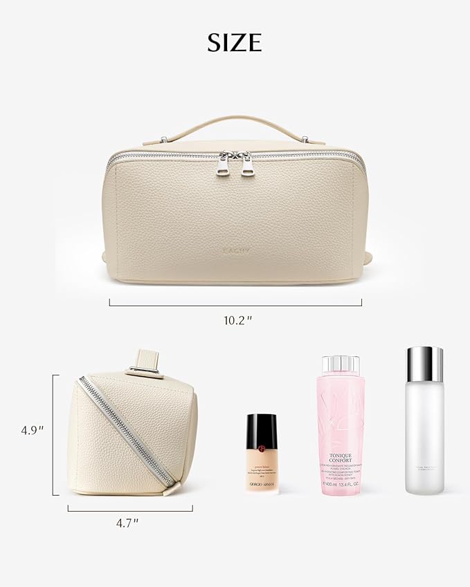 EACHY Travel Makeup Bag, Lychee Leather Large Capacity Cosmetic Bag for Women, Open Flat Toiletry Bag with TPU Brush Compartment, Waterproof Skincare Organizer Travel Essentials