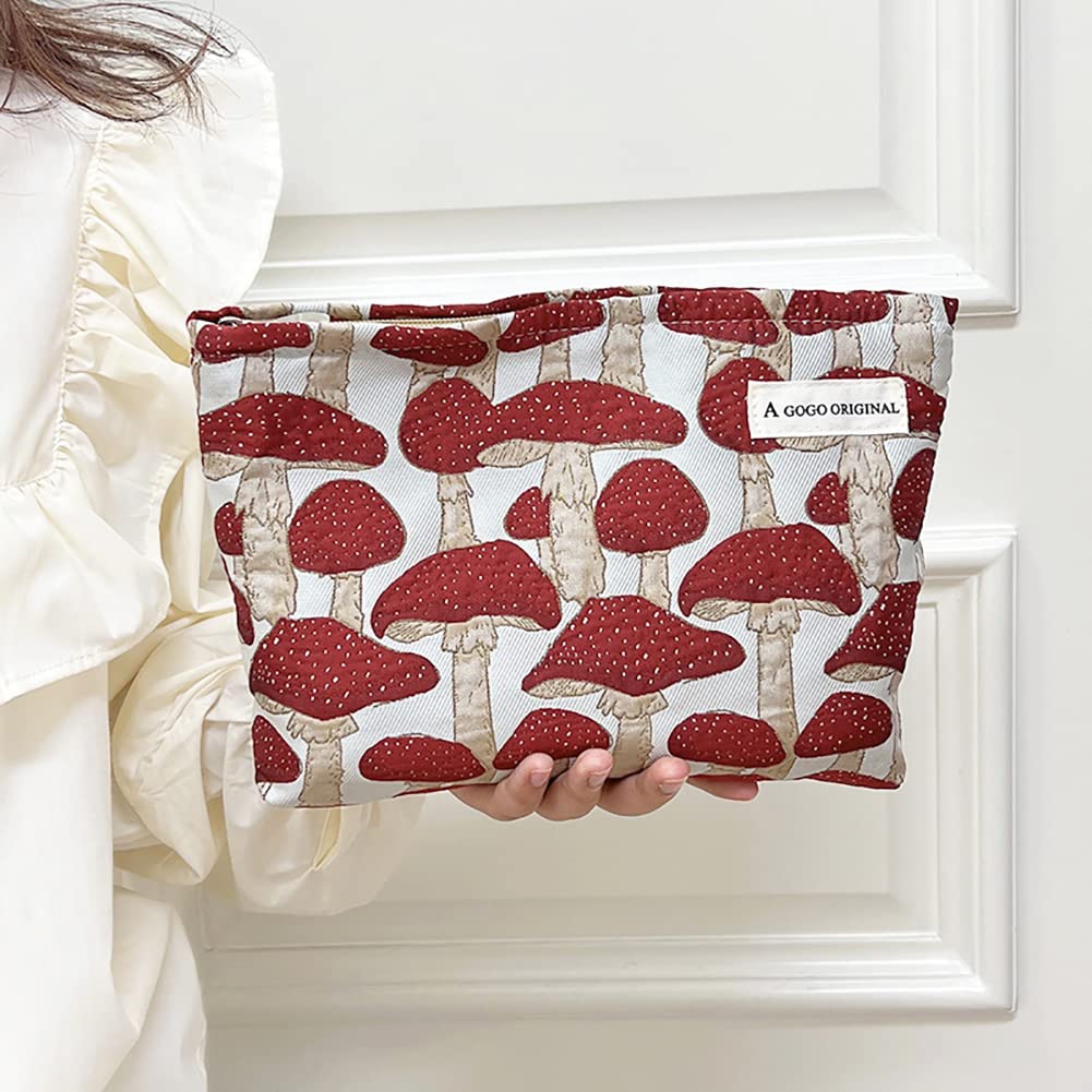 STARDW Cute Makeup Bag Aesthetic Cosmetic Bags for Women Girls, Travel Toiletry Bag Large Capacity Zipper Makeup Pouch, Purse Organizer Pouches,Canvas Lining (Red Mushroom)