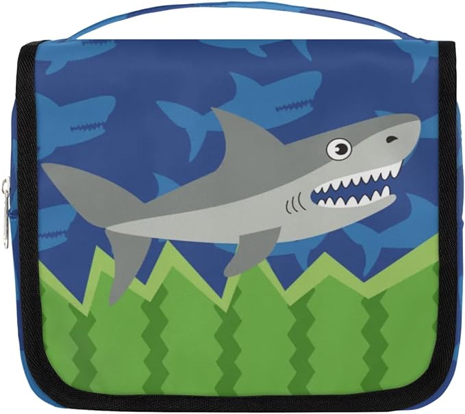 OMFUNS Funny Shark Hanging Travel Toiletry Kit Bag with Hook for Men and Boys, Ocean Animal Makeup Case Waterproof Cosmetic Bag Storage Bag Organizer for Accessories Toiletries