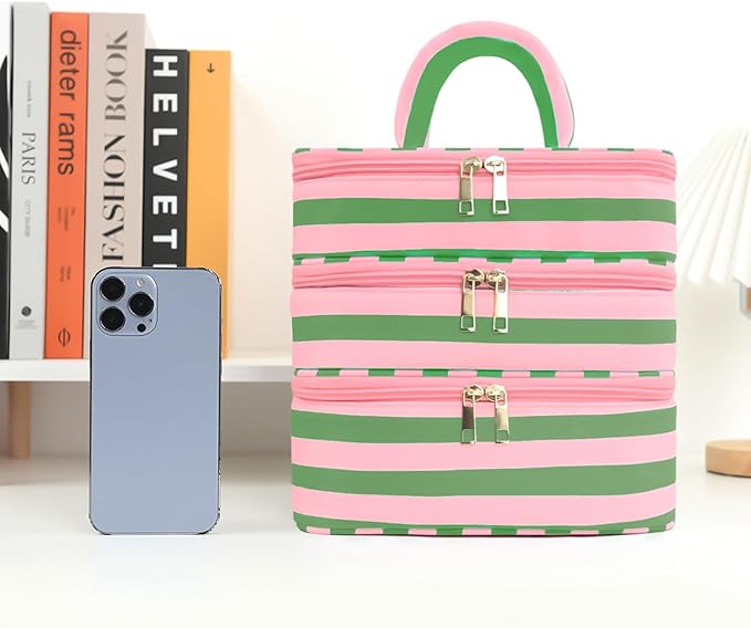 Apxouans Three Layer Makeup Bag for Women Fashion Stripes Cosmetic Bag Preppy Style Travel Water-Resistant Toiletry Bag for Storage Toiletries Cosmetics Sets for Women Teen Girls Green