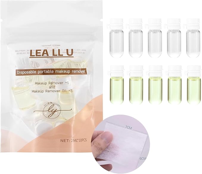 Lea ll U 2 in 1 Disposable Makeup Remover Set, Portable Mini Liquid Remover Oil serum 10 Pieces, Includes 20 Remover Cottons, Natural Deep Cleanser for Face, Portable Skincare Facial Oil