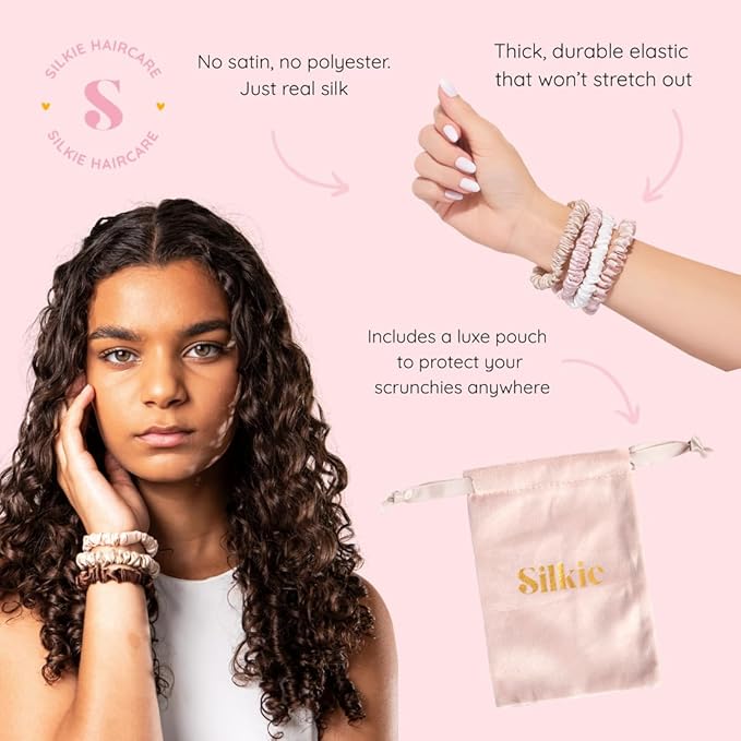 SILKIE x4 Set 100% Pure Mulberry Silk Pink Nude Neutral Skinny Scrunchies Travel Pouch Everyday Hair Ties Elastics Hair Care Ponytail Holder No Damage (Nudes)