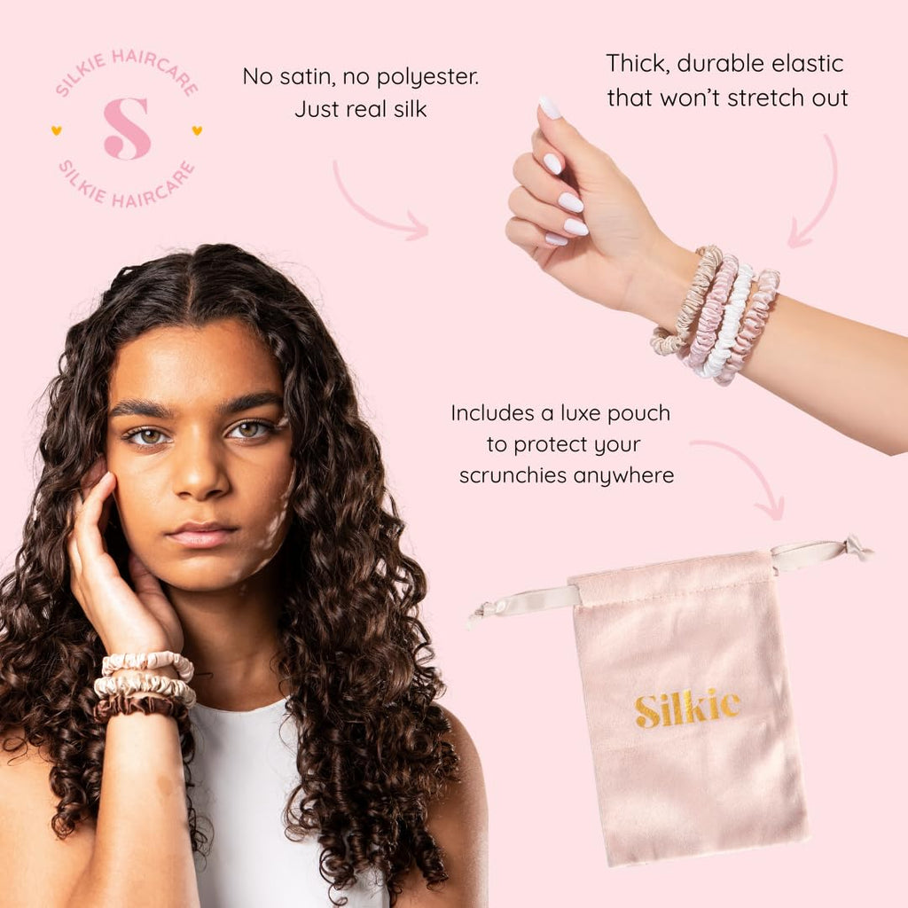 SILKIE x4 Set - Better than Satin - 100% Pure Mulberry Silk Black on Black Skinny Scrunchies Travel Pouch Everyday Hair Ties Elastics Hair Care Ponytail Holder No Damage (Noir)