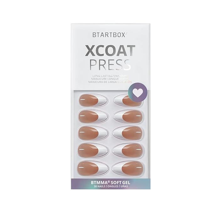 BTArtbox Press On Nails, Capable, Medium Almond, White French Tip, 32Ct