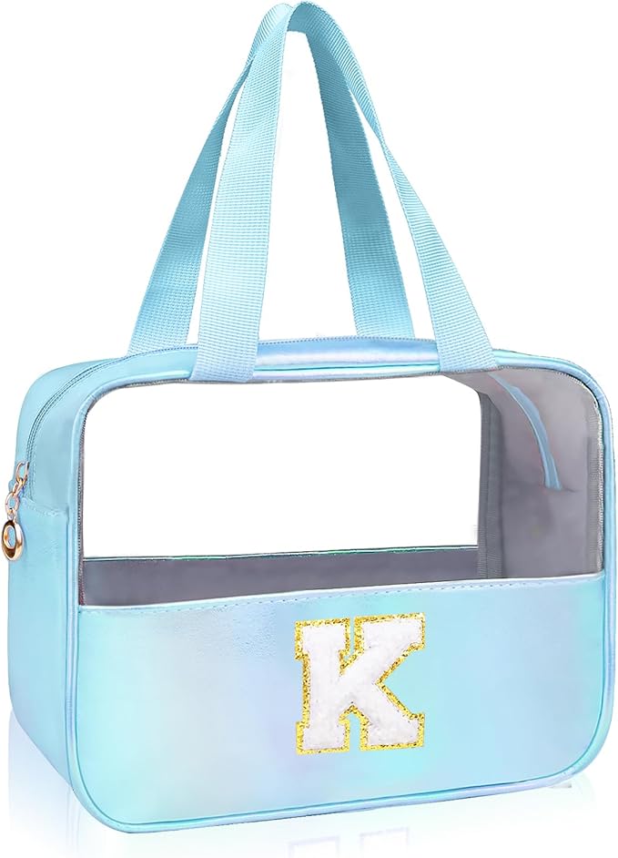 Junesters Personalized Initial K Clear Blue Makeup Bag - Large Travel Toiletry Bag, Cute Cosmetic Organizer Set for Girlfriend, Teacher, Teen Girl Gifts
