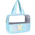 Junesters Personalized Initial K Clear Blue Makeup Bag - Large Travel Toiletry Bag, Cute Cosmetic Organizer Set for Girlfriend, Teacher, Teen Girl Gifts
