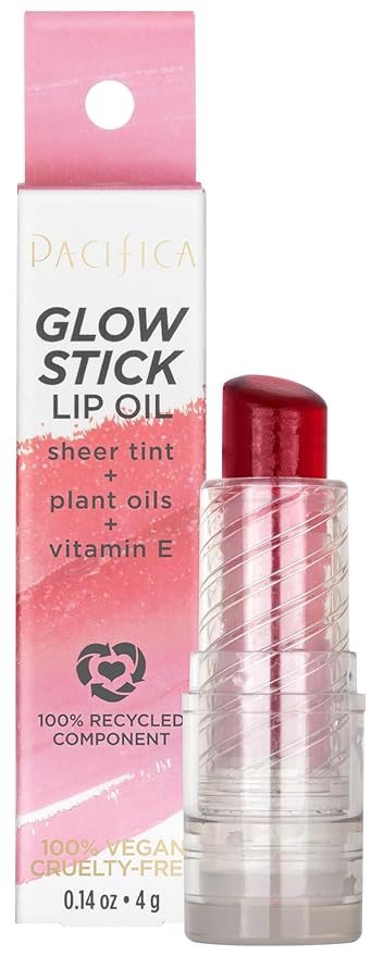 Pacifica Glow Stick Lip Oil Rosy Glow Sheer Rose Hydrating Lip Tint Balm, Moisturizing Glossy Oil for Dry Lips, Vitamin E Enriched, Non-Sticky Natural Shine, Vegan & Cruelty-Free Clean Beauty.14 oz