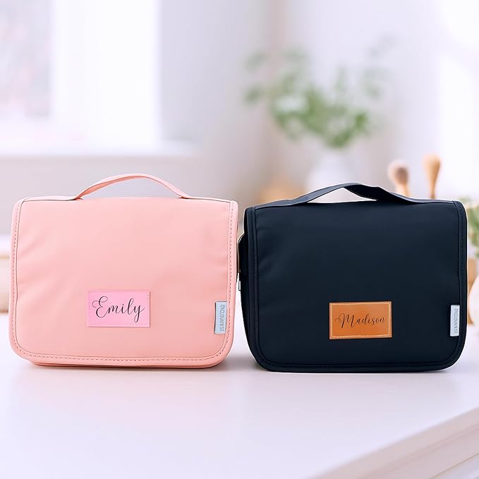 Personalized Vegan Leather Travel Toiletry Bag for Women, Water Resistant Hanging Toiletry Organizer with Hook, Custom Name Gift, Bridesmaid Wedding Travel Gift, Birthday Gift for Her, Mothers day