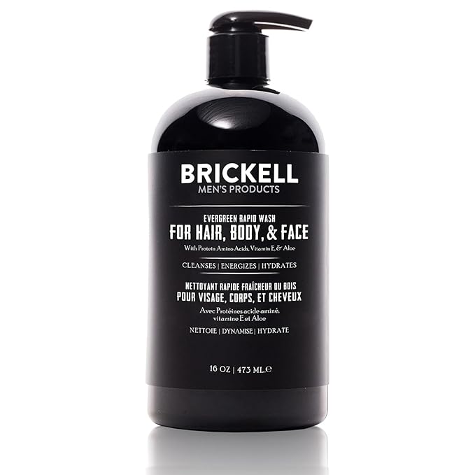 Brickell Men's Rapid Wash, 3 in 1 Body Wash Gel for Men, With Aloe, Vitamin E, and Jojoba Oil, 16 Ounce, Evergreen Scent