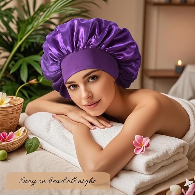 3+3 Large Satin Bonnets with Scrunchies for Women, Wide Band Hair Bonnet for Sleeping Braids Curly Hair, C