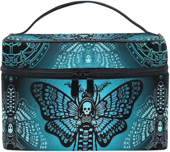 MNSRUU Makeup Bags, Gothic Blue Skull Moth Butterfly Makeup Organizer Bags Toiletry Bag Box Travel Cosmetic Bag Make Up Train Case for Women Teen Girl Ladies