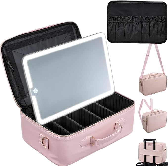 Faquenc Large Makeup Bag with LED Mirror,15”Cosmetic Train Case for Makeup Artists,Travel Makeup Organizer Case w Divider Rechargeable Vanity Mirror with 3 Color Lights for Barber,MUA,Nail Tech, Pink