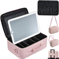 Faquenc Large Makeup Bag with LED Mirror,15”Cosmetic Train Case for Makeup Artists,Travel Makeup Organizer Case w Divider Rechargeable Vanity Mirror with 3 Color Lights for Barber,MUA,Nail Tech, Pink