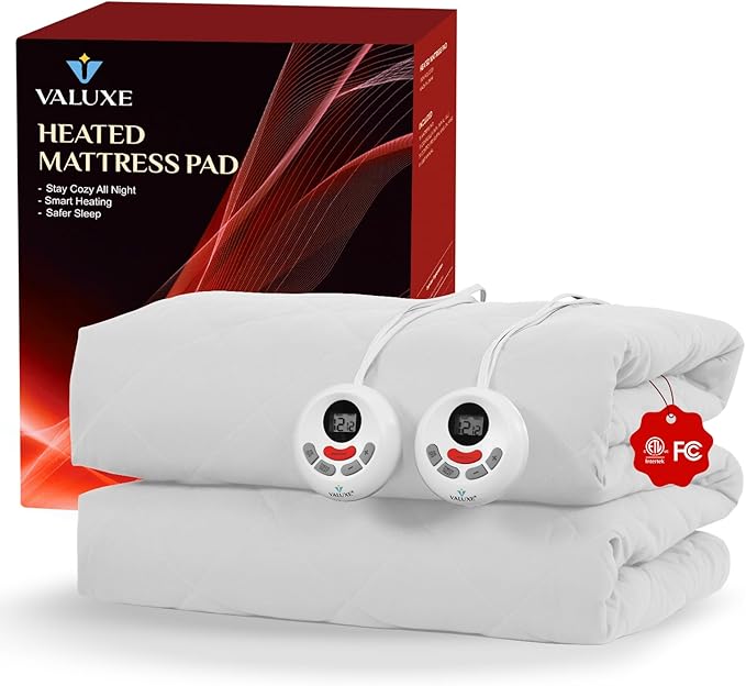 Heated Mattress Pad King Size Quilted Zone Heating Electric Bed Warmer Luxury Comfort Heat Mattress Pad Cover Dual Controller（12 Heat Setting | 1-12 Hours Auto Shut Off | with 8-21 Inch Deep Pocket）