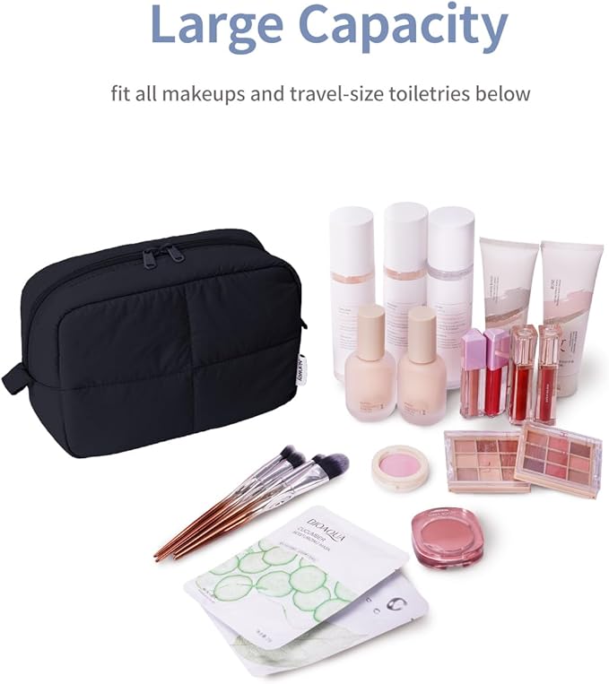 Narwey Puffy Makeup Bag Travel Toiletry Bag, Quilted Cosmetic Bag for Women