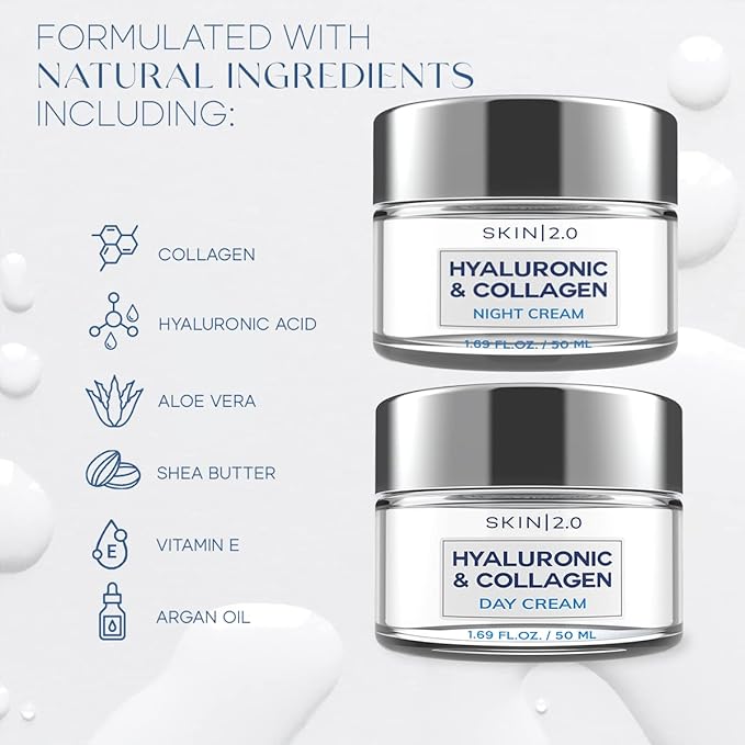 Skin 2.0 Hyaluronic Acid & Collagen Face Moisturizer – Deep Hydration & Firming Cream for Smooth, Youthful Look – Dermatologist Tested, Korean Skin Care Set, Vegan, Clean Beauty – Day & Night Duo