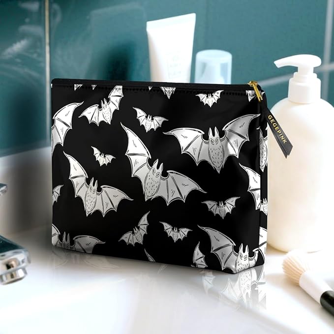 GEGEPINK Cute Makeup Bag for Purse Waterproof Cosmetic Bags for Women Funny Smooth Zipper Travel Toiletry Pouch 10X8 Inches-Halloween Bat Makeup pouch