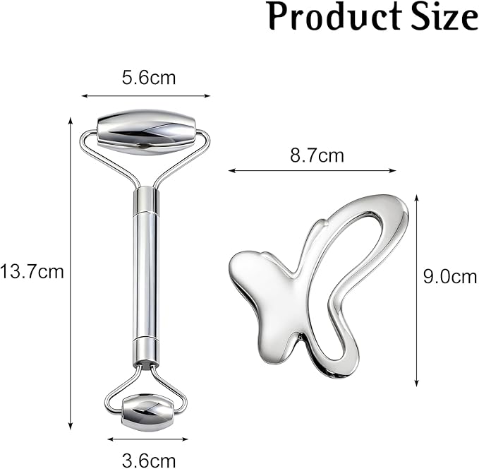 erdnretl Gua Sha & Face Roller, Stainless Steel Gua Sha Facial Tools, Lymphatic Drainage Massager for Face, Eyes, Chin & Jawline Sculpting, Body Gua Sha Tools with Pouch