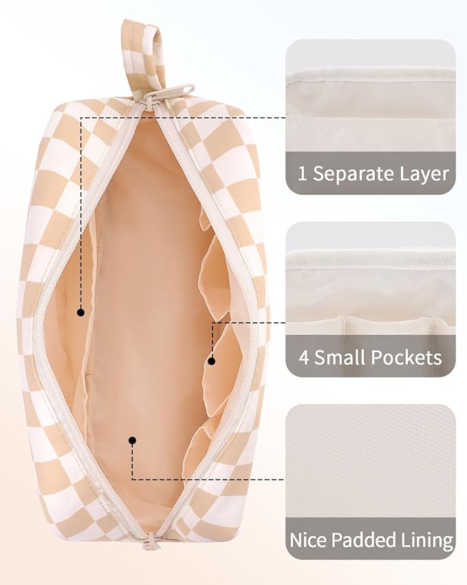 Narwey Checkered Makeup Bag Travel Cosmetic Bag Organizer, Toiletry Bag Make Up Bags with Organized Pockets for Women (Light Checkerboard, Large)