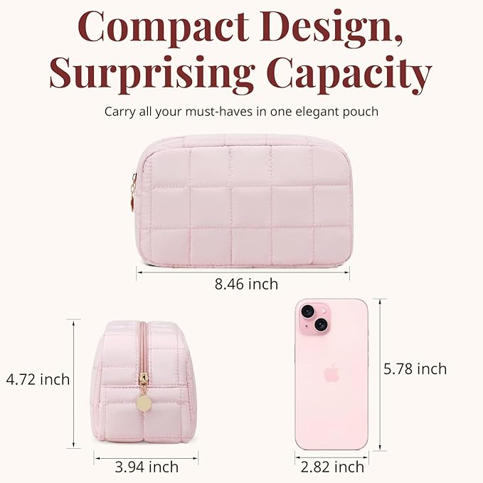 LOVELYWIND Makeup Bag, Quilted Puffy Travel Toiletry Bag with Compartments, Wide-Open Cosmetic Bag for Women, Pouch Purse Organizer, Pink
