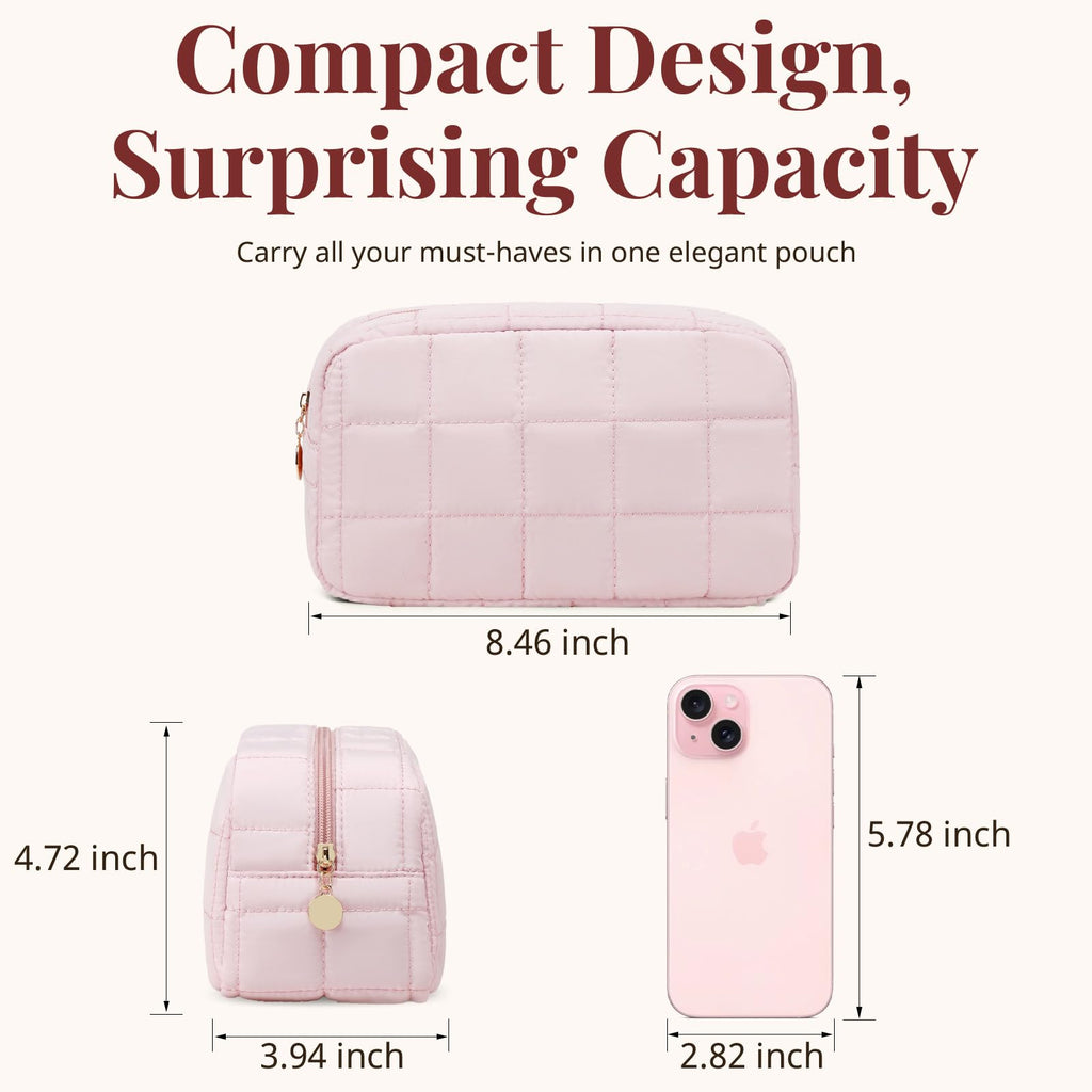 LOVELYWIND Makeup Bag, Quilted Puffy Travel Toiletry Bag with Compartments, Wide-Open Cosmetic Bag for Women, Pouch Purse Organizer, Pink