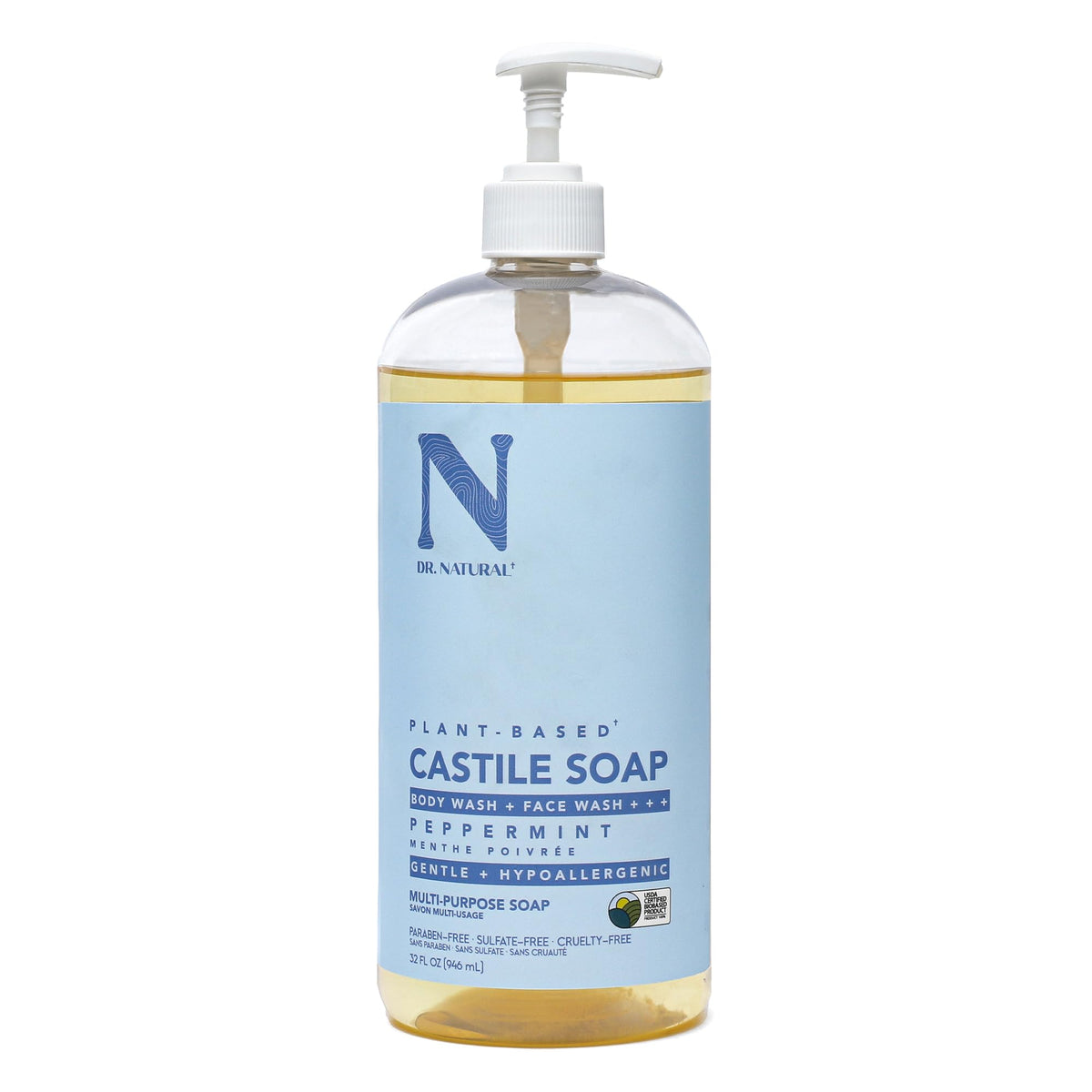 Dr. Natural Castile Liquid Soap - Multi-Use Body Wash, Shampoo and Face Wash - Hydrating Body Soap for Skin, Hair, Pets and Home - Eucalyptus - 32 oz