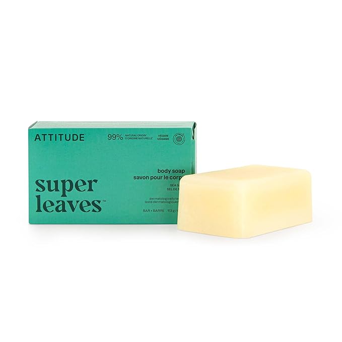 ATTITUDE Bath and Shower Body Soap Bar, EWG Verified, Plastic-free, Plant and Mineral-Based Ingredients, Vegan and Cruelty-free Personal Care Products, Sea Salt, 4 Ounces
