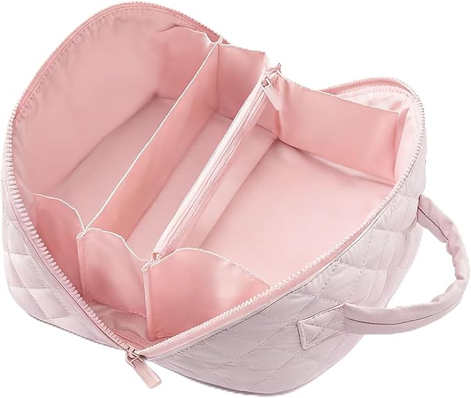 Travel Makeup Bag, 180° Open Lay-Flat Cosmetic Case, Large Capacity Compartment Makeup Bag, Lightweight, Soft and Fashion for Bottles & Brushes (Pink)