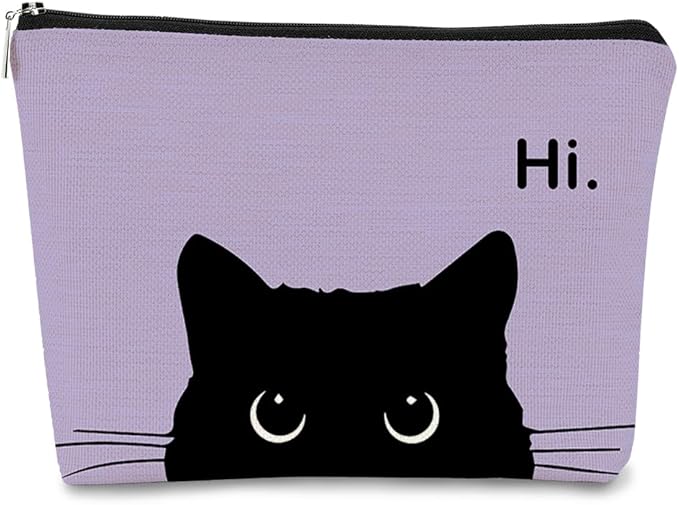 BARPERY Cute Cat Makeup Bag, Black Kitty Cosmetic Pouch - Retro Stripes