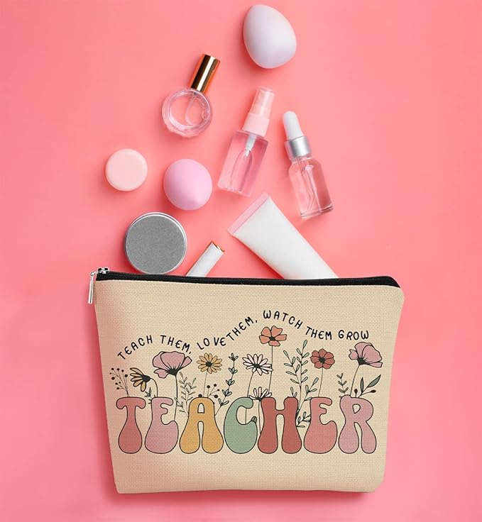BARPERY Teacher Appreciation Gifts, Thank You Teacher Gift Vintage Wildflowers Floral Cosmetic Bag, 60s 70s Groovy Retro Floral Cosmetic Bag for Women